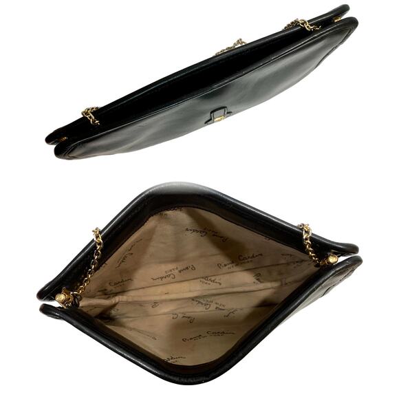 70s MOD Pierre Cardin Black Leather Shoulder Bag Gold Logo & Chain - Picture 5 of 10